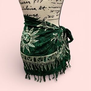 Cute Y2K style celestial batik emerald wrap mini skirt sarong beach pool fringe